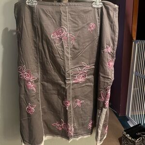 J. Jill Taupe Midi Skirt with Pink Rose Embroidery